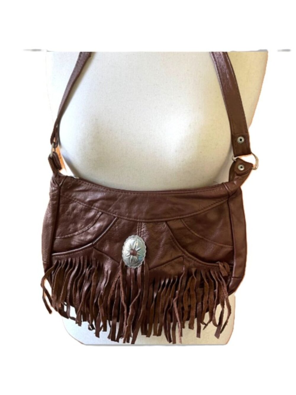 Vintage Boho Brown Leather Fringe Shoulder Bag Western Concho Tussle Purse 14"